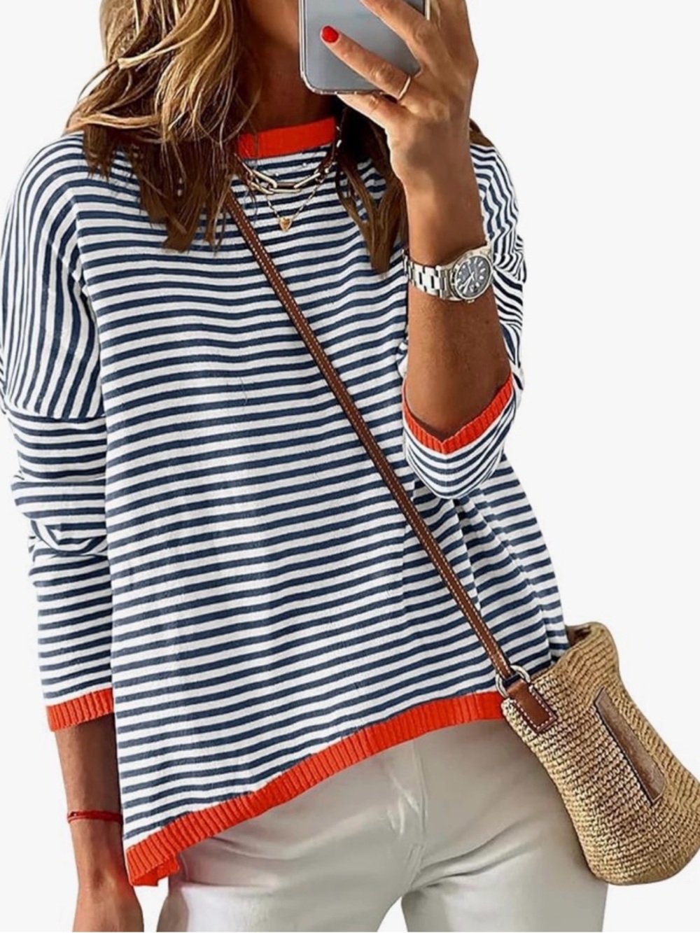 Navy Striped Crewneck Sweater with Orange Trim - Women's Casual Top